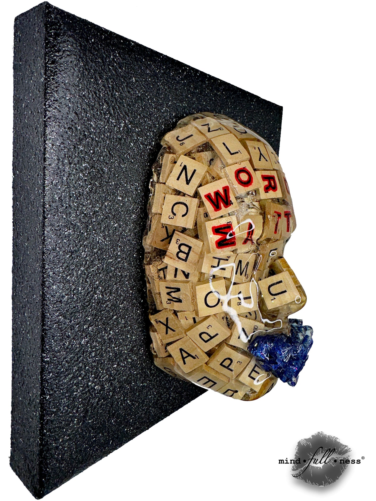 Mosaic Tile Face Sculpture, The Elocutionist, Wooden Words Sculpture, 3D Unique Sculpture Wall Art, Face Sculpture on Black Canvas - Couture Underground
