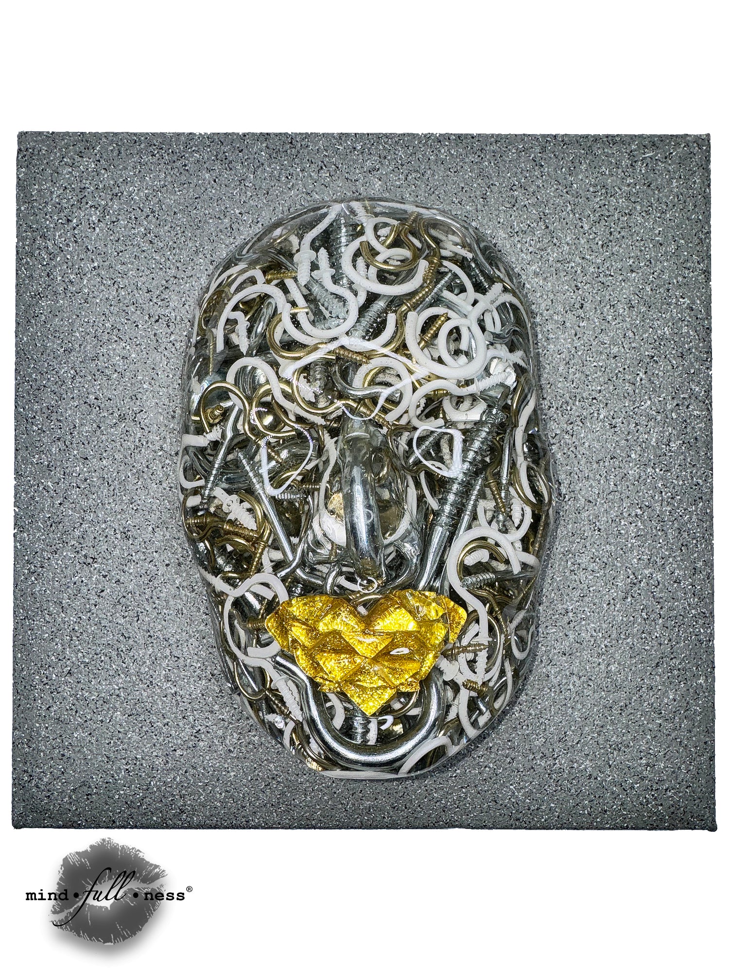 Metal Hooks Sculpture, Hooked, Handmade Face Sculpture Wall Art, Mindfulness Art, 3D Face Sculpture on White Canvas - Couture Underground