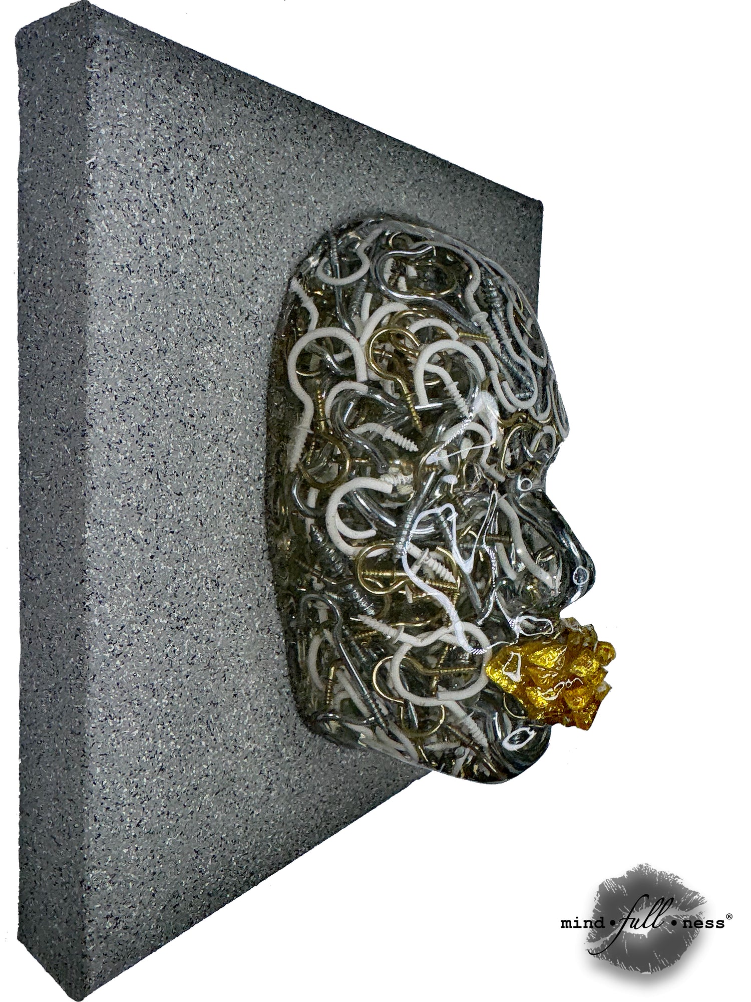 Metal Hooks Sculpture, Hooked, Handmade Face Sculpture Wall Art, Mindfulness Art, 3D Face Sculpture on White Canvas - Couture Underground