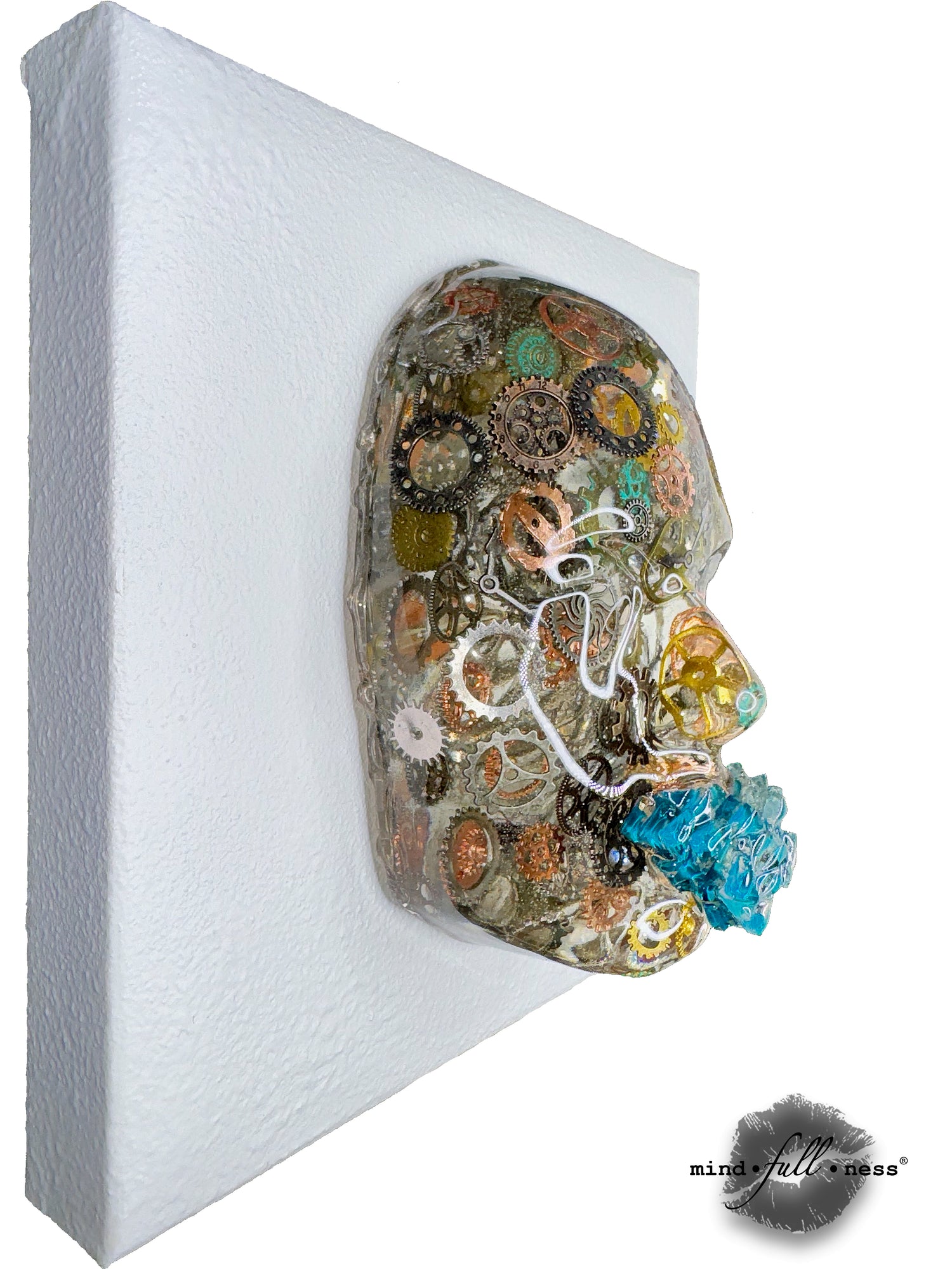 Perpetual Motion Sculpture, Wall Clock Gears Face Sculpture Art, Rusty Watch Gears Mindfulness Art, 3D Face Sculpture on White Canvas - Couture Underground