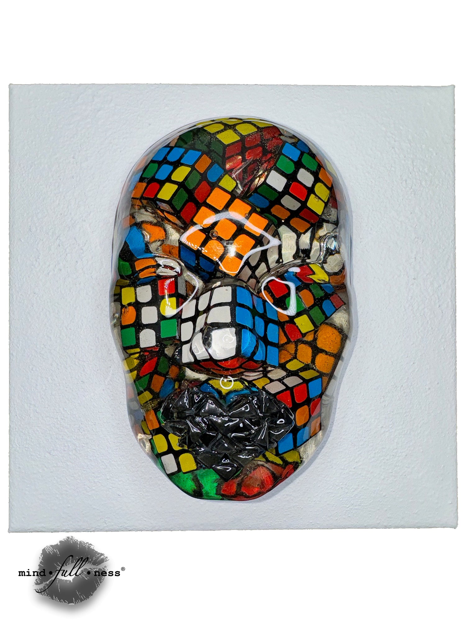Rubiks Cube Face Sculpture, The Logistician, Mosaic Tile 3D Sculpture, Epoxy Sculpture Wall Art, Face Sculpture on White Canvas - Couture Underground