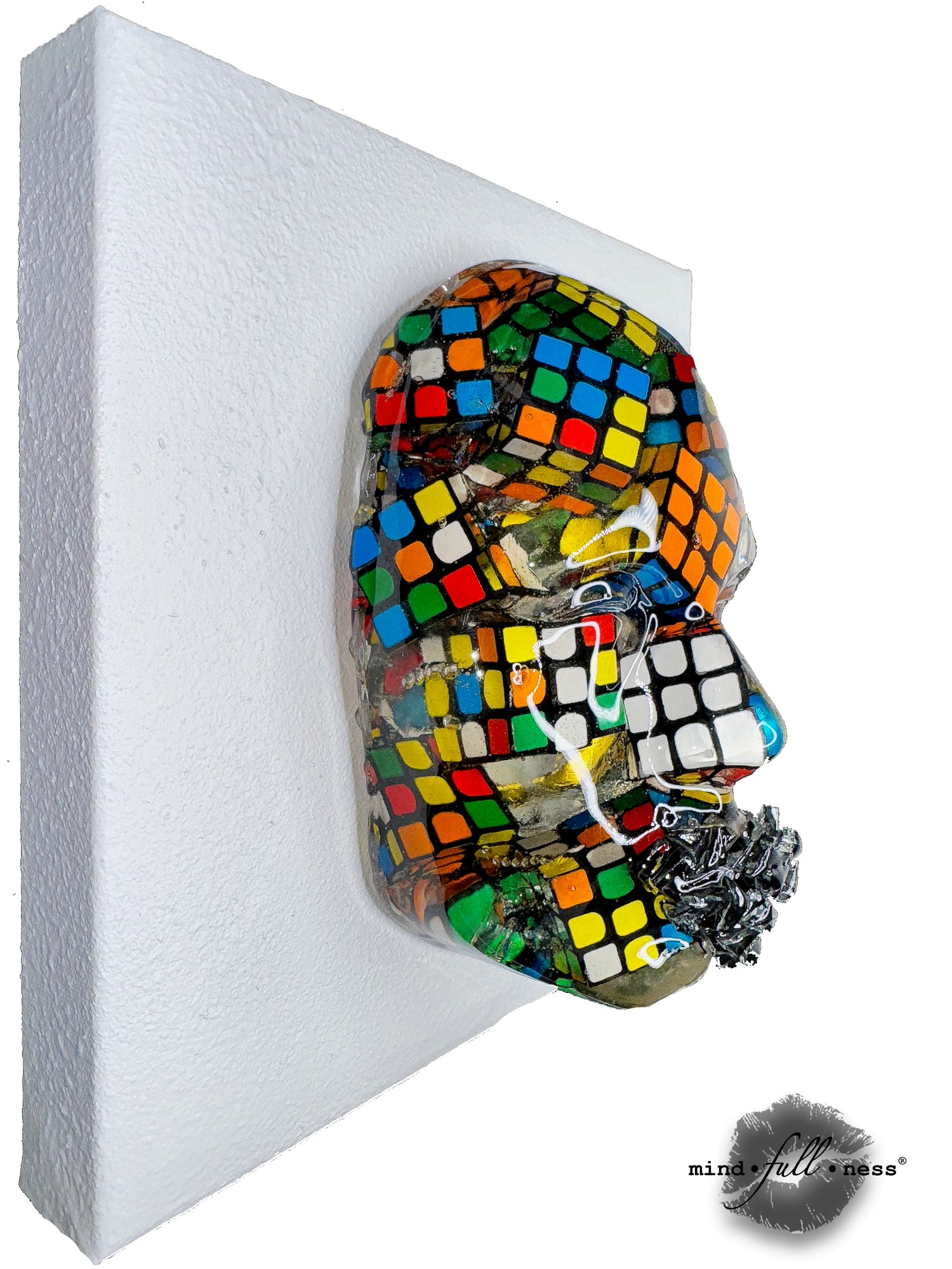Rubiks Cube Face Sculpture, The Logistician, Mosaic Tile 3D Sculpture, Epoxy Sculpture Wall Art, Face Sculpture on White Canvas - Couture Underground