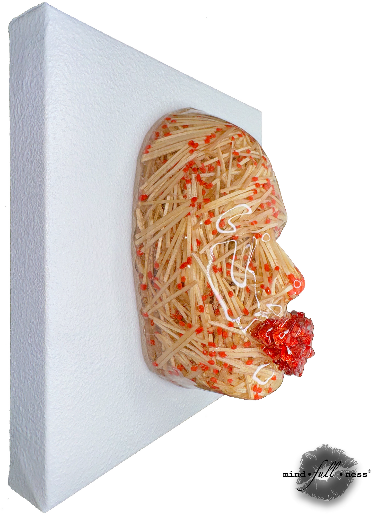 The Fire Starter | Face Sculpture | Match Sticks Art | Epoxy Sculpture for Home Decor | Unique Face Art on White Canvas - Couture Underground, LLC