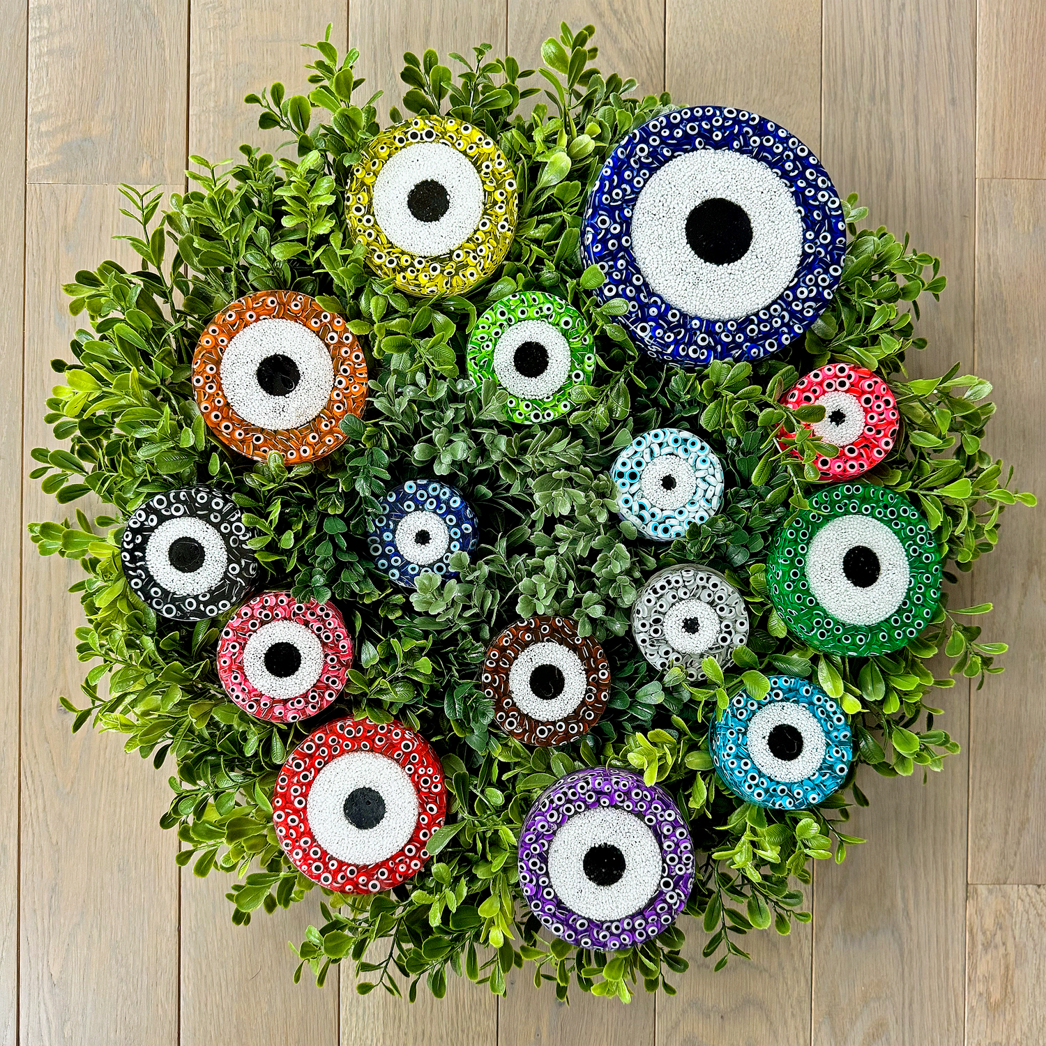 Portal of Protection, Evil Eye Boxwood Wreath, Colorful Indoor Outdoor Wreath, Modern Wreath Home Protection, Wreath for Decoration, Housewarming Gift - Couture Underground, LLC