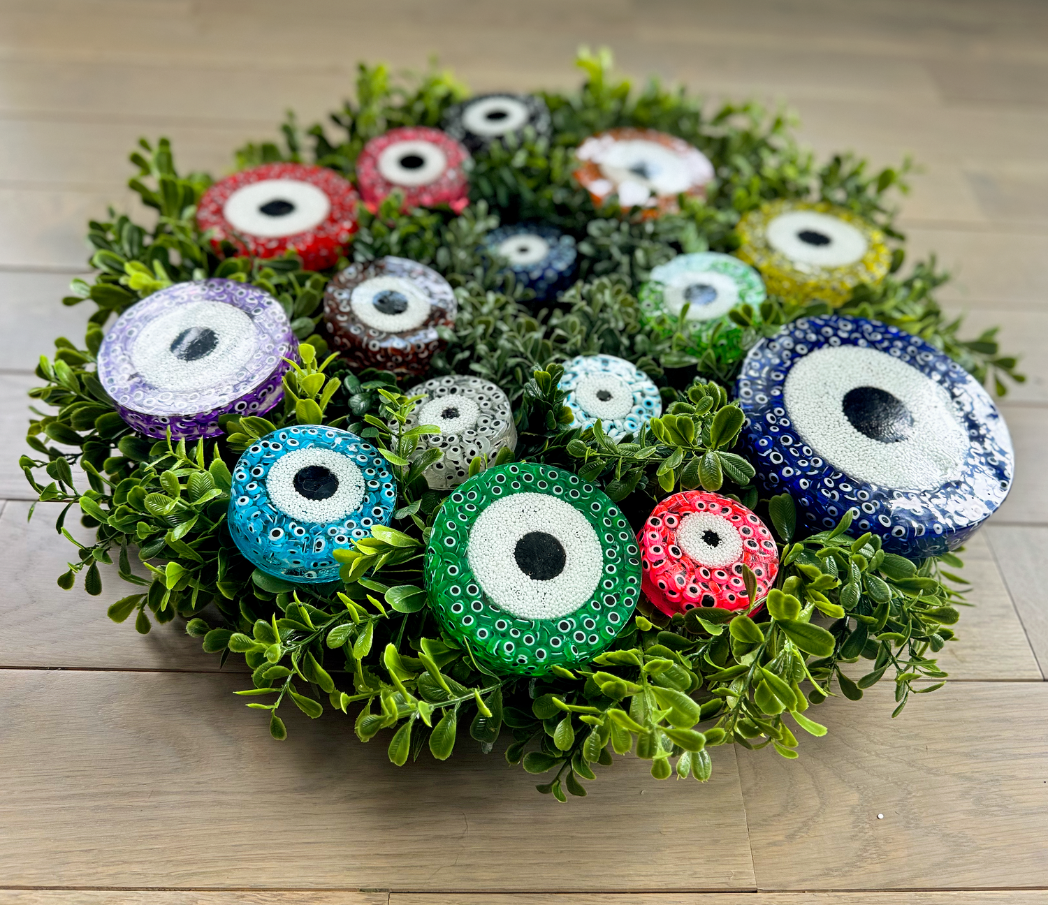 Portal of Protection, Evil Eye Boxwood Wreath, Colorful Indoor Outdoor Wreath, Modern Wreath Home Protection, Wreath for Decoration, Housewarming Gift - Couture Underground, LLC