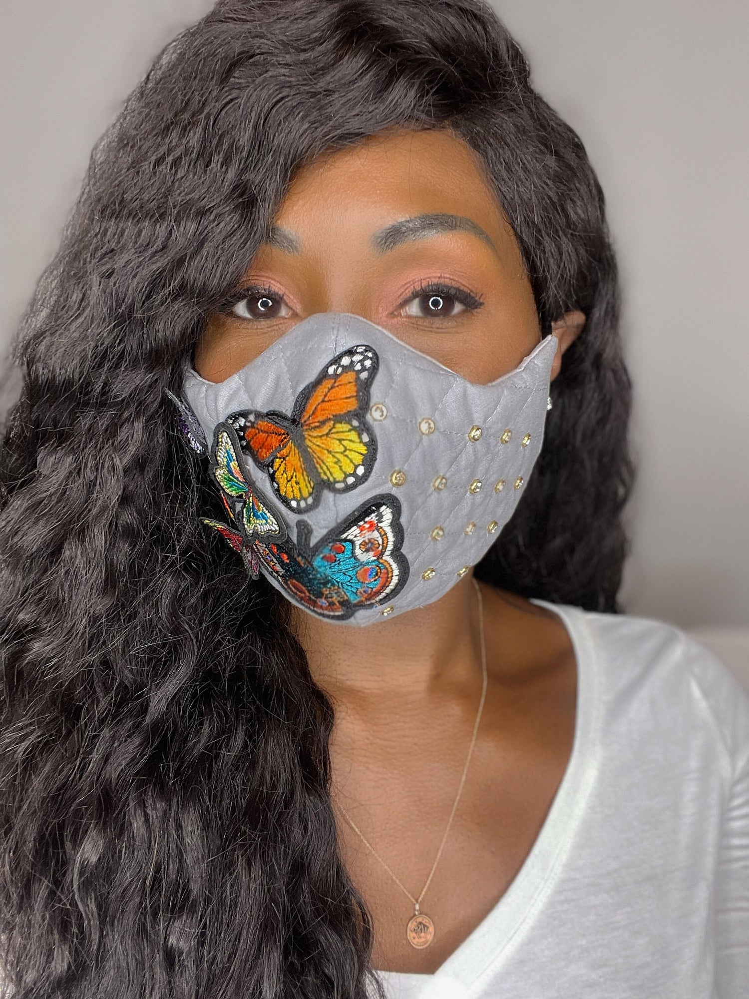 Rhinestone Face Mask, Embroidered Butterfly Face Mask, Crystal Fitted Gray Face Mask, Beautiful Face Mask For Women - Couture Underground