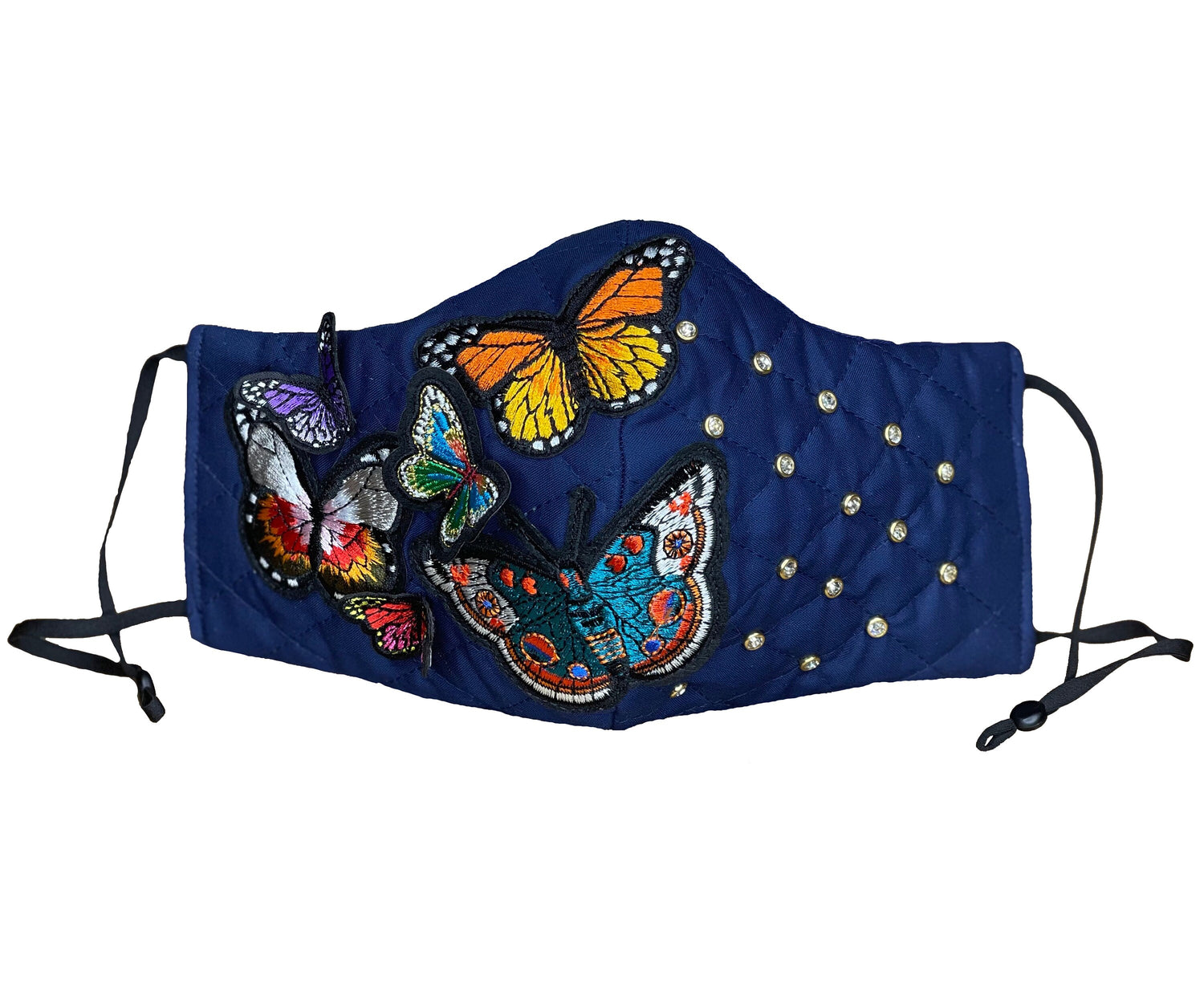 Navy Blue Face Mask, Embroidered Butterfly Rhinestone Face Mask, Aesthetic Face Mask For Women, Adjustable Face Mask - Couture Underground