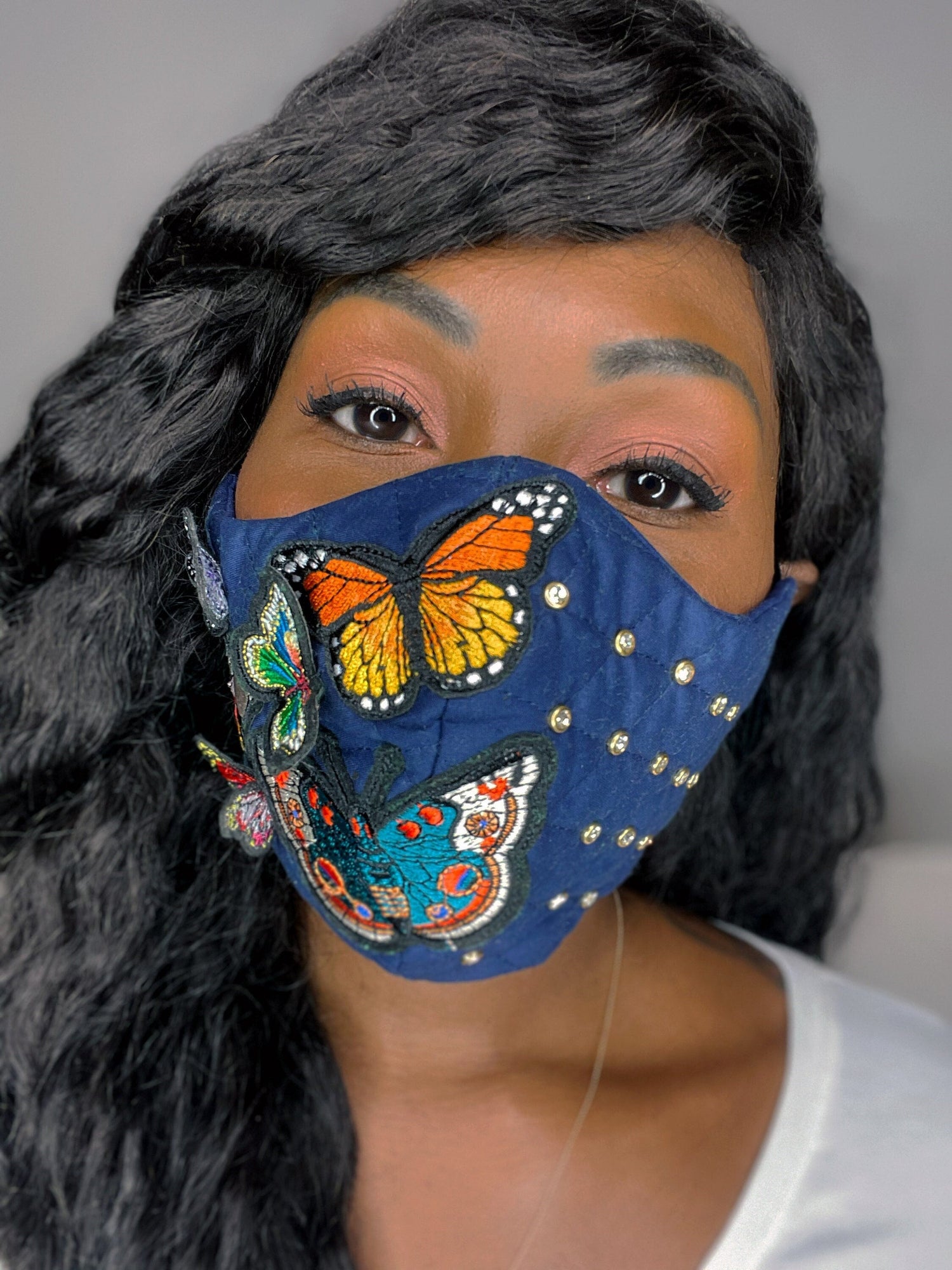 Navy Blue Face Mask, Embroidered Butterfly Rhinestone Face Mask, Aesthetic Face Mask For Women, Adjustable Face Mask - Couture Underground