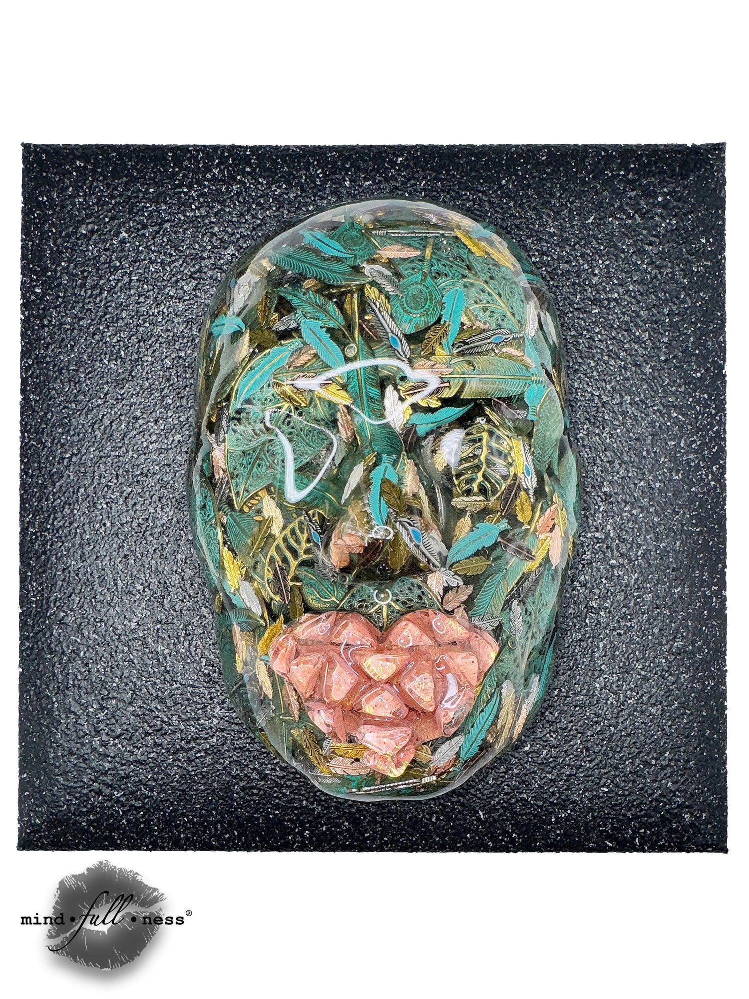 The Patina'd Dreamer | Green Leaves Face Sculpture | Handmade Epoxy Art for Wall with Feathers, Nature-Inspired Home Décor - Couture Underground