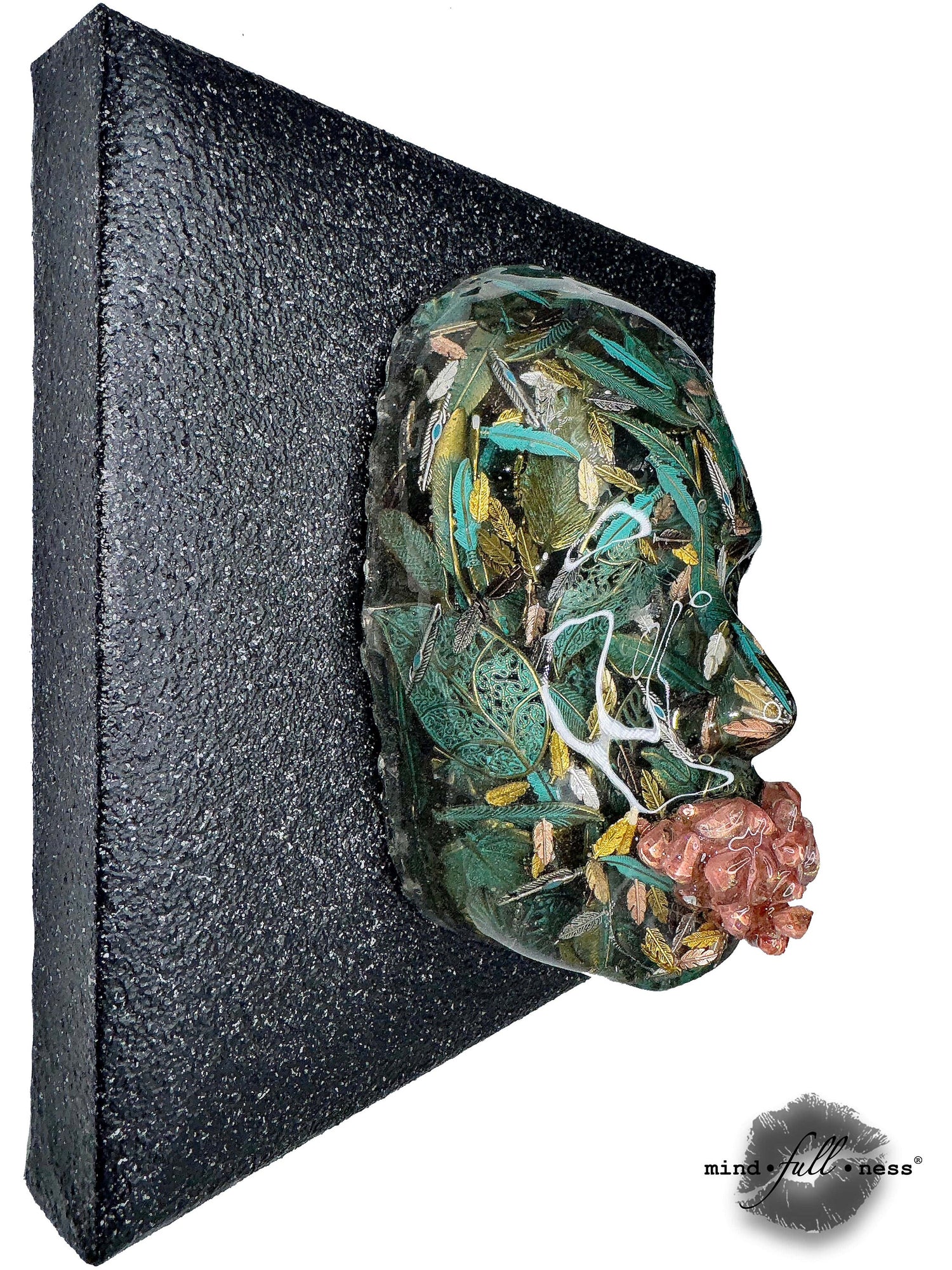 The Patina'd Dreamer | Green Leaves Face Sculpture | Handmade Epoxy Art for Wall with Feathers, Nature-Inspired Home Décor - Couture Underground