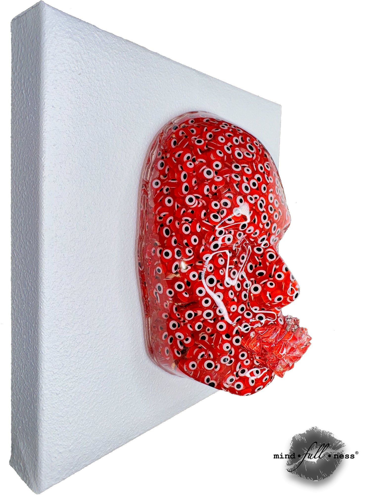 Evil Eyes Wall Sculpture Art, Courage, Red Face Sculpture, 3D Face Sculpture on White Canvas, Epoxy Resin Sculpture Home Decor - Couture Underground