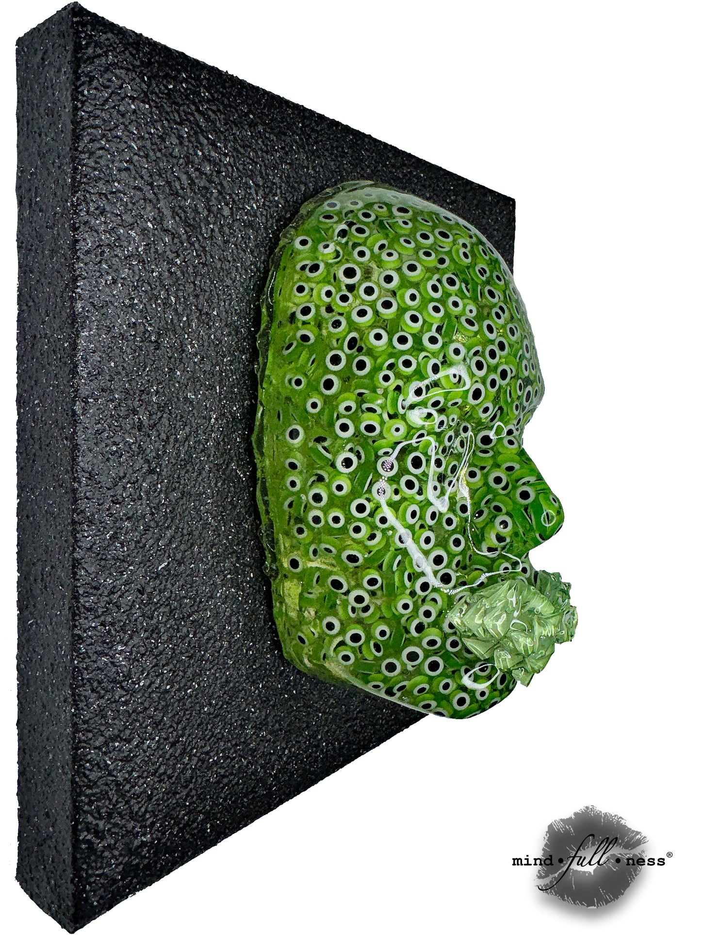 Green Evil Eye Face Sculpture Art, Dream Fulfillment and Good Health, 3D Wall Sculpture, Face Sculpture on Black Canvas, Home Protection - Couture Underground