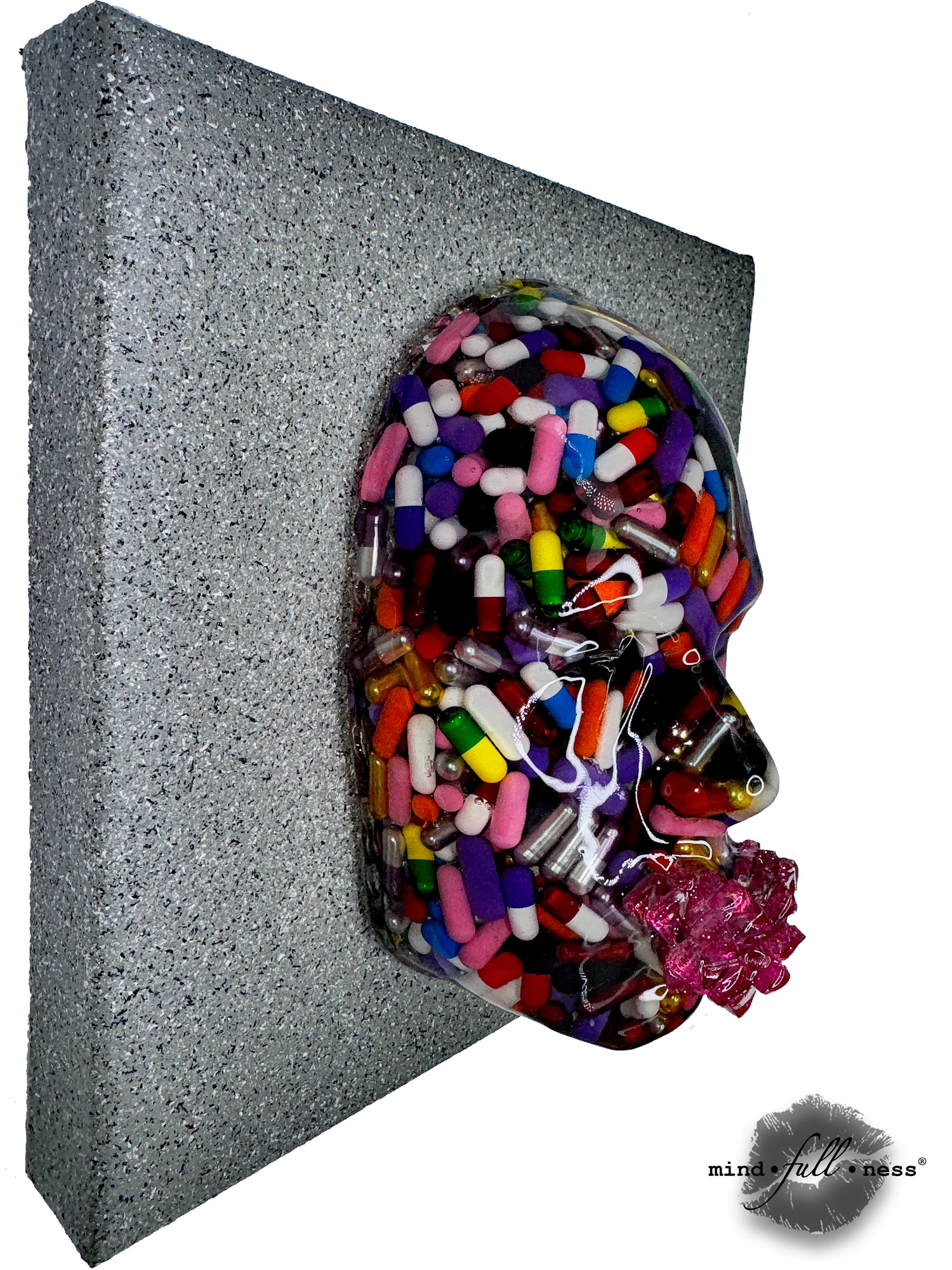 The Pusher Capsules Sculpture, Pills Sculpture Wall Art, Medical Art, Meditation Decor, 3D Face Sculpture on Grey Canvas - Couture Underground