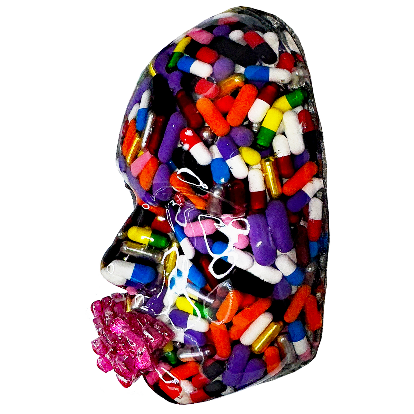 The Pusher Capsules Sculpture | Pills Sculpture Wall Art | Medical Art | Meditation Decor | 3D Face Sculpture on Grey Canvas - Couture Underground, LLC