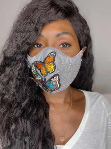 Rhinestone Face Mask, Embroidered Butterfly Face Mask, Crystal Fitted Gray Face Mask, Beautiful Face Mask For Women