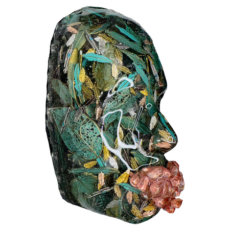 The Patina'd Dreamer | Green Leaves Face Sculpture | Handmade Epoxy Art for Wall with Feathers, Nature-Inspired Home Décor - Couture Underground